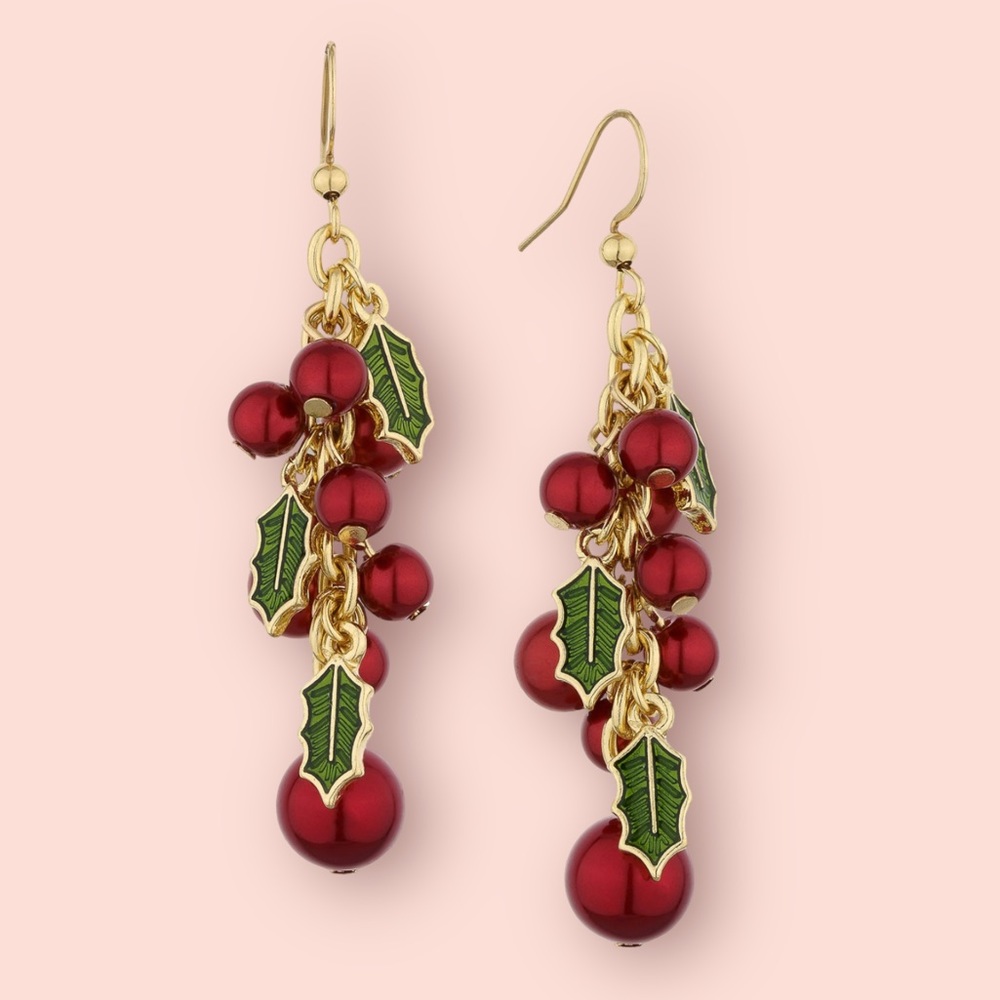 Drop Earrings Gold Tone Red Bead Green Enamel Mistletoe Holiday Lane Gift New - Picture 2 of 9